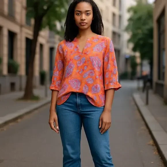 New Easel Boho Floral Paisley Blouse Orange Pink Blue Top 3/4 SleeveSize Small - Picture 2 of 10